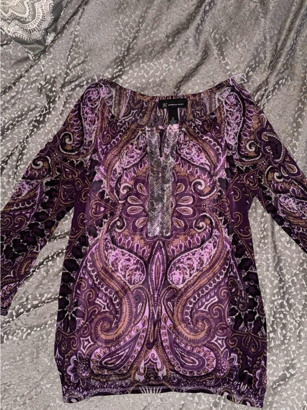 INC International Concepts Purple Paisley Long Sleeve Blouse